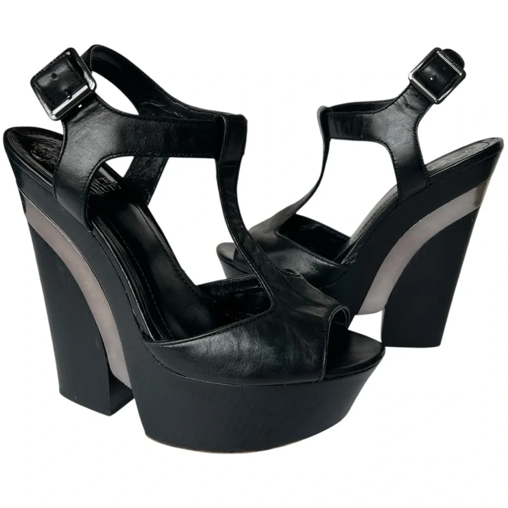 Vince Camuto Babe Black Platform Heels 8.5 Strappy T-Strap Chunky Y2K Indie Boho